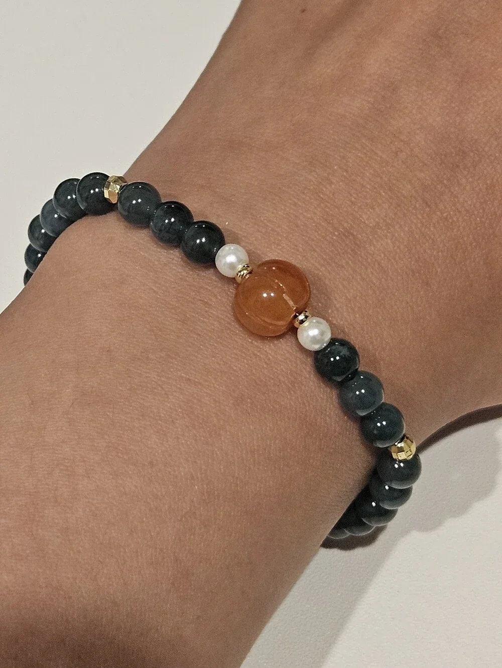 Dark Green Jadeite Beaded Stretch Bracelet with Orange Accent